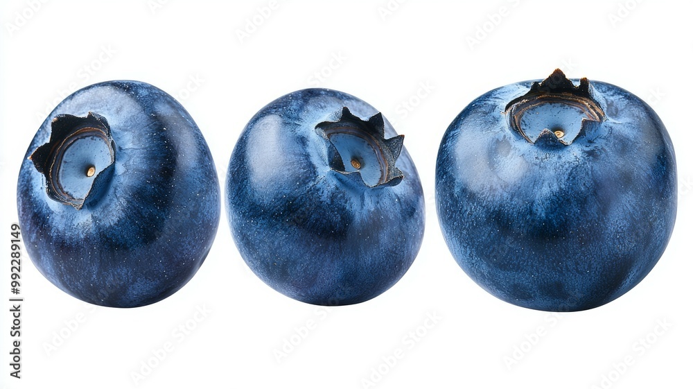 Obraz premium Three blueberries are shown in a row