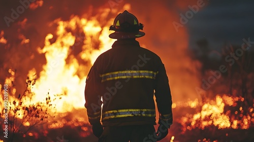 A firefighter in full gear stands in front of a blazing wildfire, silhouetted against the flames. He looks determined, facing the danger head-on. photo