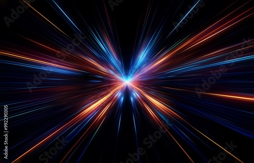 Abstract background with bright blue and orange lines radiating outward.