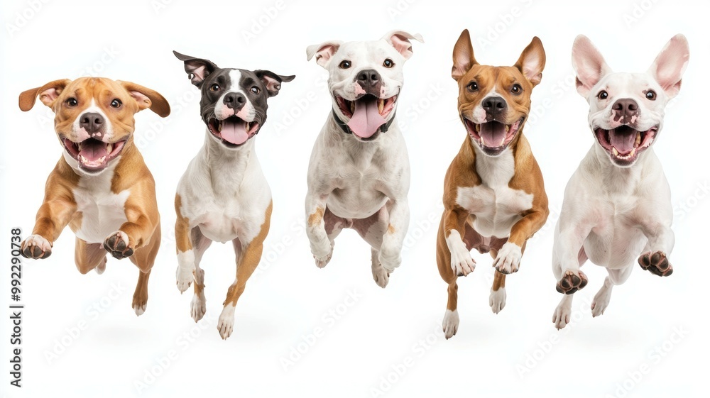 A group of dogs are jumping in the air, with one of them being a pug