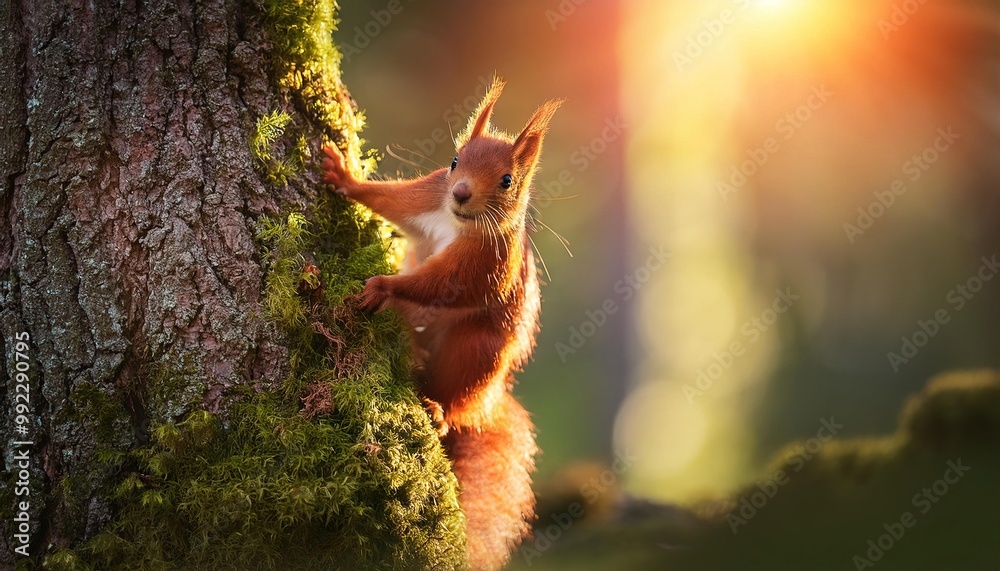 Squirrel Climbing Tree in Sunlit Forest Squirrel Climbing Tree in Sunlit Forest