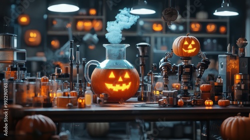 Mad scientist laboratory with bubbling potions and malfunctioning robots on Halloween night. 3D illustration