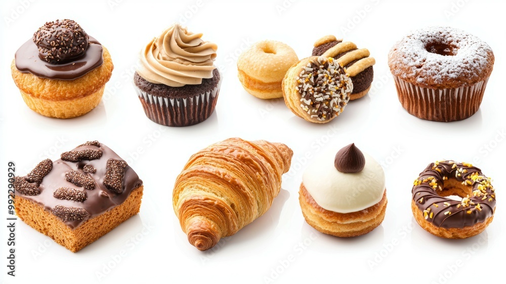 A row of assorted pastries including donuts, cupcakes, and croissants A row of assorted pastries including donuts, cupcakes, and croissants