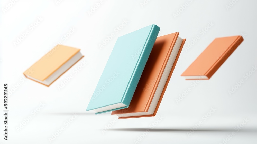 Three books are flying in the air, one of which is blue Three books are flying in the air, one of which is blue