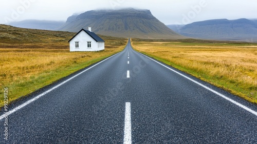 A long road with a house on the side