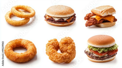 A collection of different types of food, including a hamburger