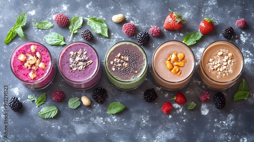 Five colorful smoothies in glasses with various toppings and fresh fruit on a gray surface.