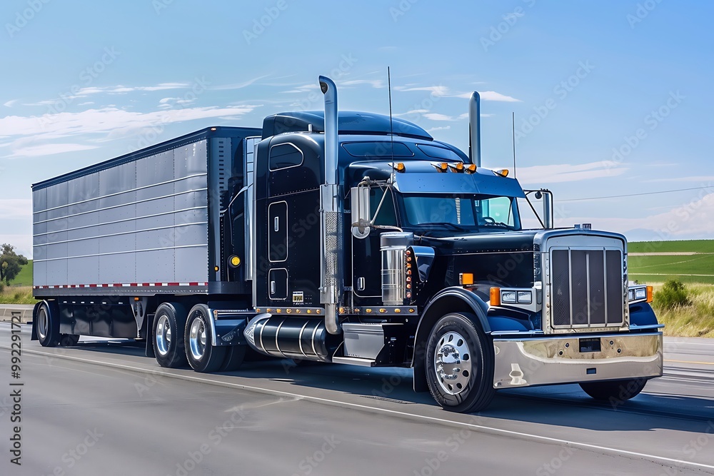 Big rig semi truck with refrigerator on the highway Big rig semi truck with refrigerator on the highway