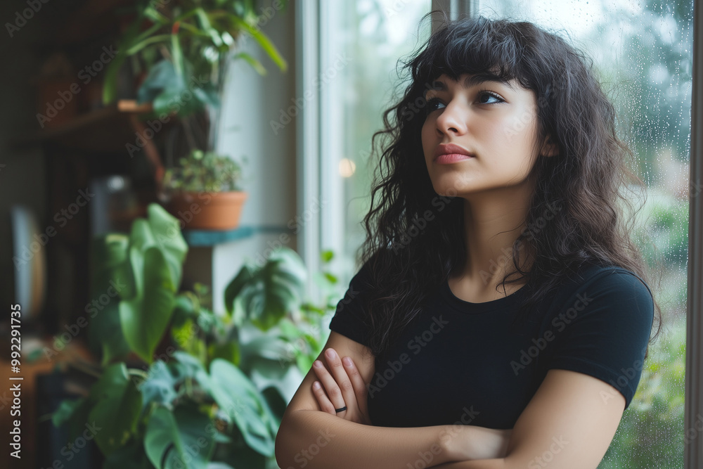 Depressed woman standing with arms crossed, gazing out a rainy window. Depressed woman standing with arms crossed, gazing out a rainy window.