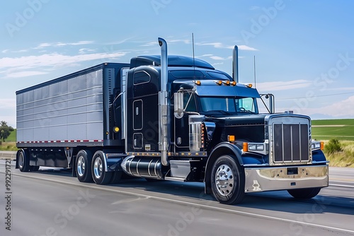 Big rig semi truck with refrigerator on the highway