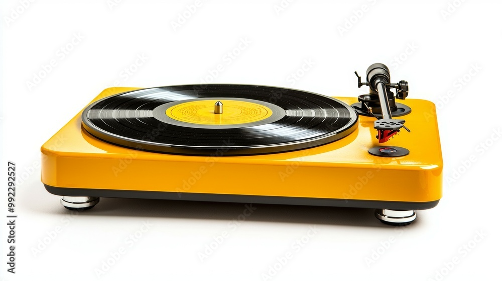 A yellow record player with a black record on it A yellow record player with a black record on it