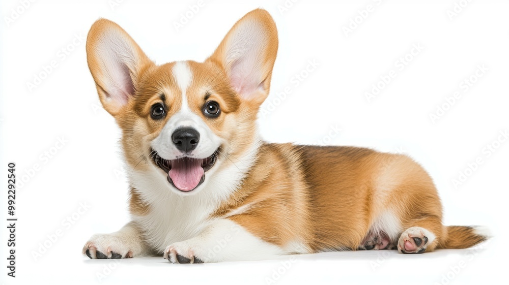 A happy dog with a big ear is laying on a white background A happy dog with a big ear is laying on a white background