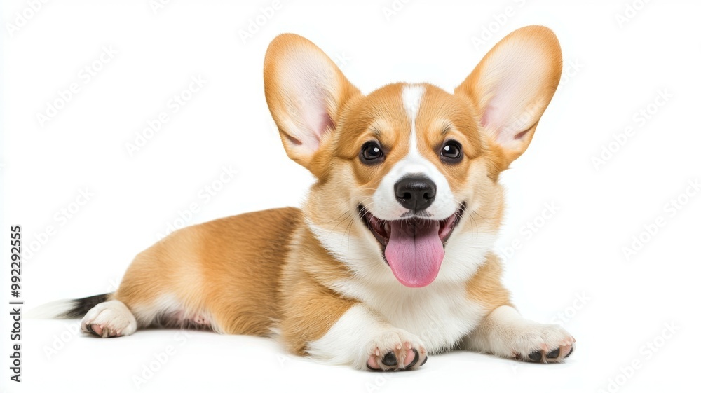 A happy dog with a tongue sticking out is laying on a white background A happy dog with a tongue sticking out is laying on a white background