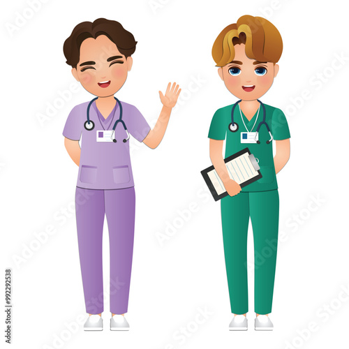 full body length cartoon men nurse Wearing uniform in Hospital