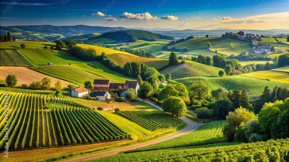 Obraz premium Beautiful French countryside landscape with rolling hills, vineyards, and a clear blue sky in summer