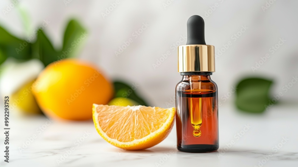 A bottle of essential oil is next to a sliced orange A bottle of essential oil is next to a sliced orange