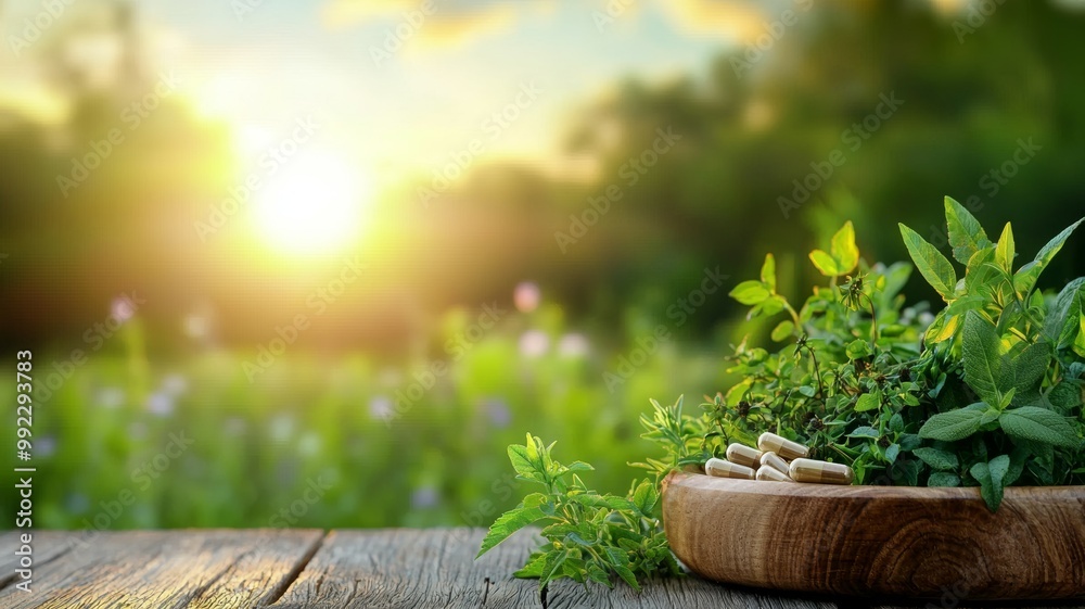 A wooden bowl filled with herbs and pills is placed on a wooden table A wooden bowl filled with herbs and pills is placed on a wooden table