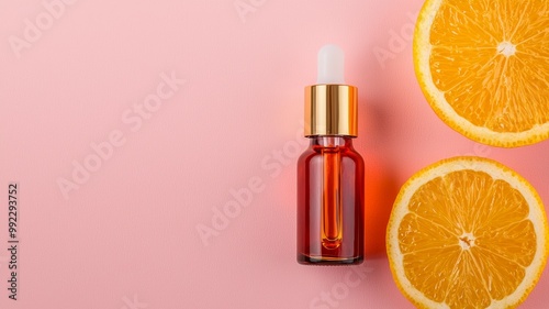 A bottle of essential oil is next to an orange