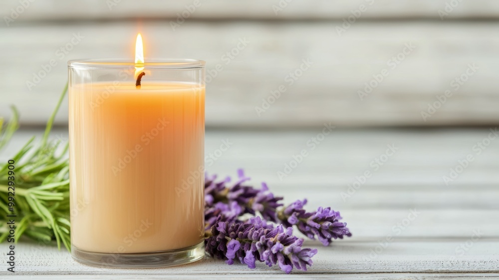 A candle is lit in a glass container with lavender flowers A candle is lit in a glass container with lavender flowers