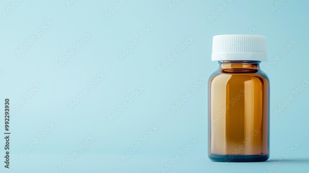 A bottle of medicine is sitting on a blue background A bottle of medicine is sitting on a blue background