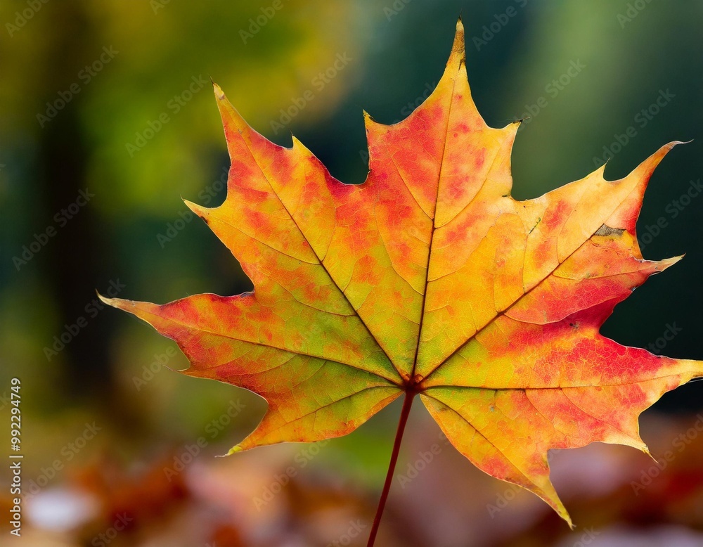 Isolated maple leaf with depth of field highlighting unique shape and vivid autumn hues Isolated maple leaf with depth of field highlighting unique shape and vivid autumn hues