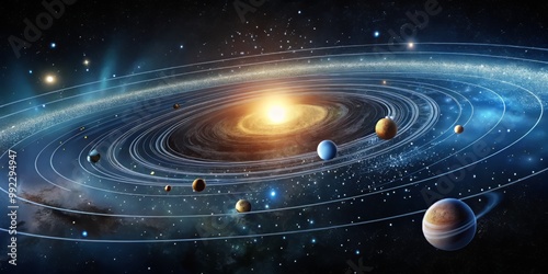 Detailed Diagram of the Kuiper Belt and Oort Cloud, showcasing the vast expanse of icy bodies and their orbital paths, with clear labels and soft glow effects. photo