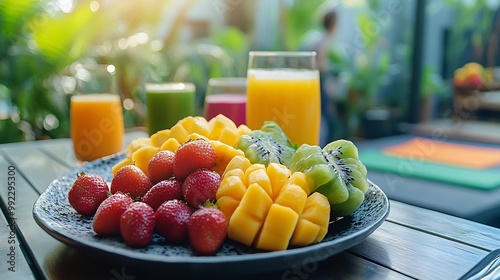 Vibrant brunch setting featuring salak fruit displayed modern outdoor terrace detox juice yoga mat brightly colored fitness gear softly blurred background promoting balanced fit lifestyle Scientific photo