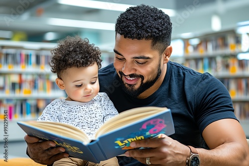 A parent reading to a child in a library, instilling a love of reading and learning from an early age photo