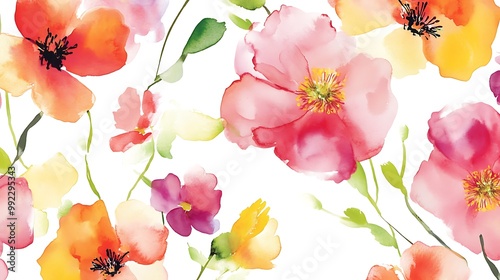 Fototapeta Naklejka Na Ścianę i Meble -  Watercolor Floral Pattern with Delicate Blooms and Green Foliage.