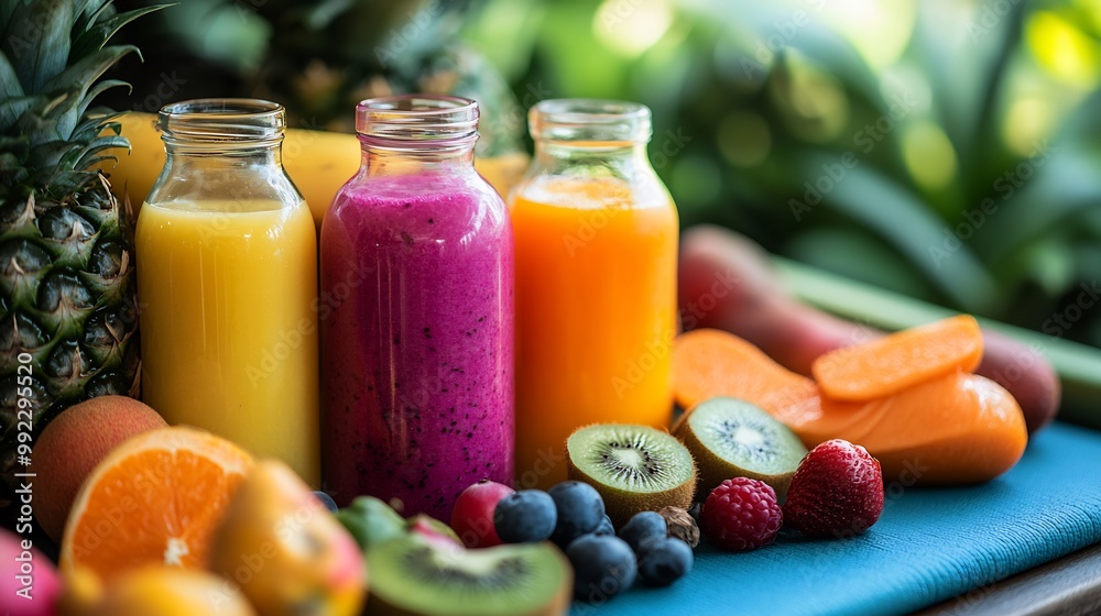 Vibrant brunch setting featuring salak fruit displayed modern outdoor terrace detox juice yoga mat brightly colored fitness gear softly blurred background promoting balanced fit lifestyle Scientific Vibrant brunch setting featuring salak fruit displayed modern outdoor terrace detox juice yoga mat brightly colored fitness gear softly blurred background promoting balanced fit lifestyle Scientific