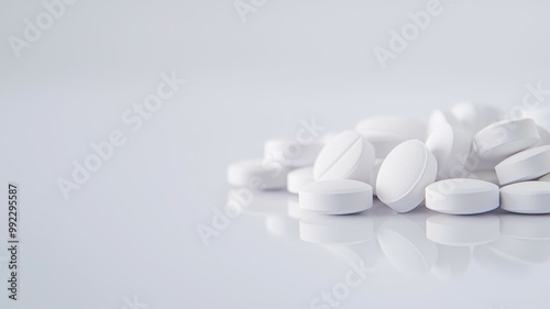 A pile of white pills on a white background