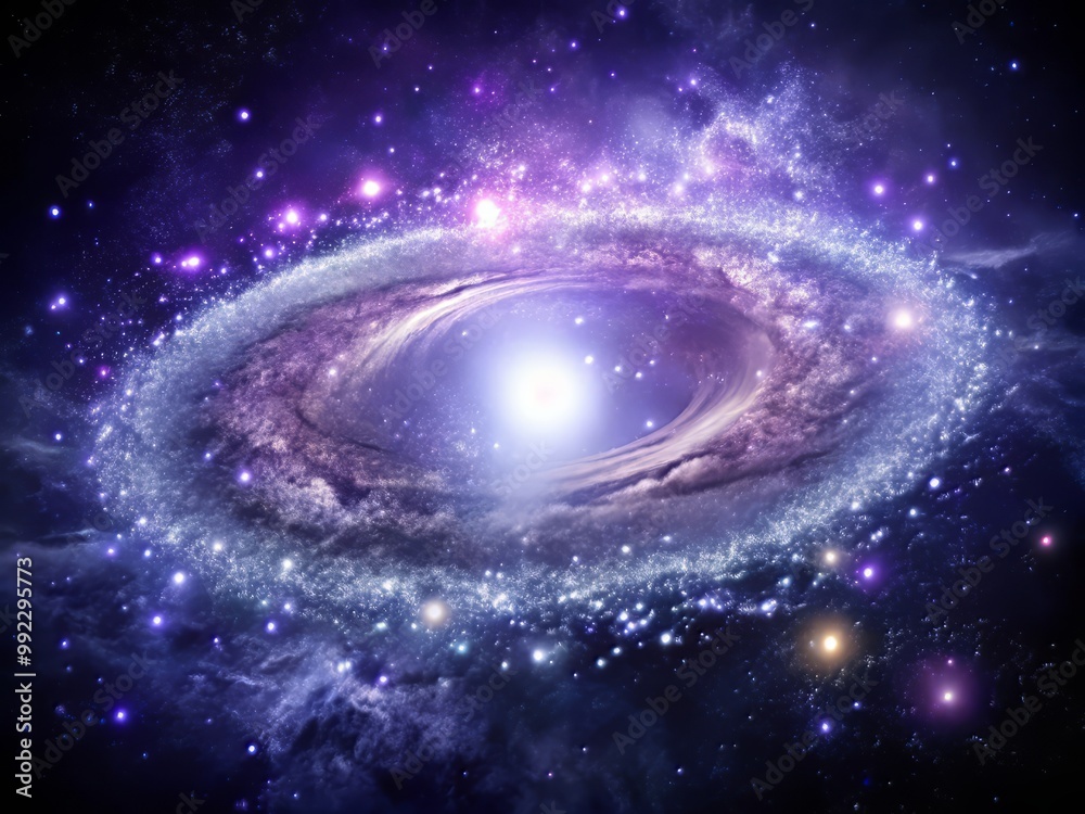 Obraz premium Dark Matter Halo: A captivating illustration of a galaxy's invisible dark matter halo, rendered in shimmering silver and purple hues, with intricate details and textures.