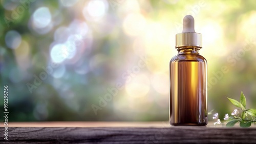 A bottle of essential oil is sitting on a wooden table