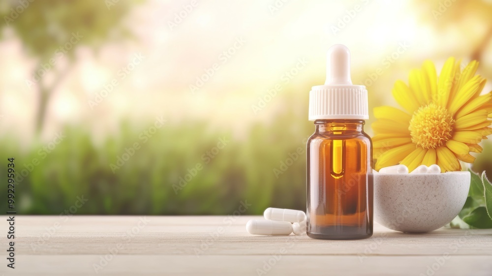 A bottle of medicine is on a table next to a bowl of pills A bottle of medicine is on a table next to a bowl of pills