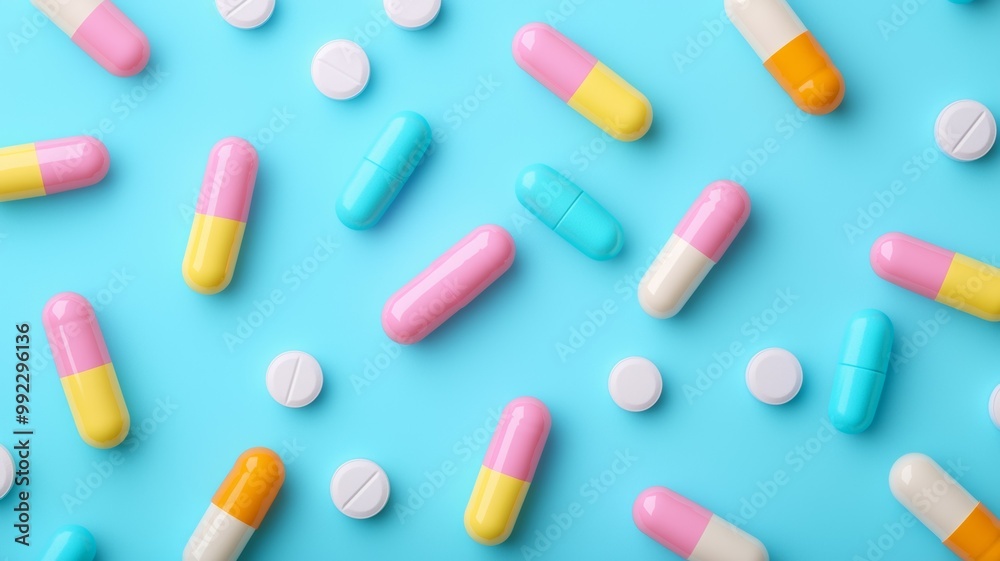 A colorful array of pills and tablets are scattered across a blue background A colorful array of pills and tablets are scattered across a blue background