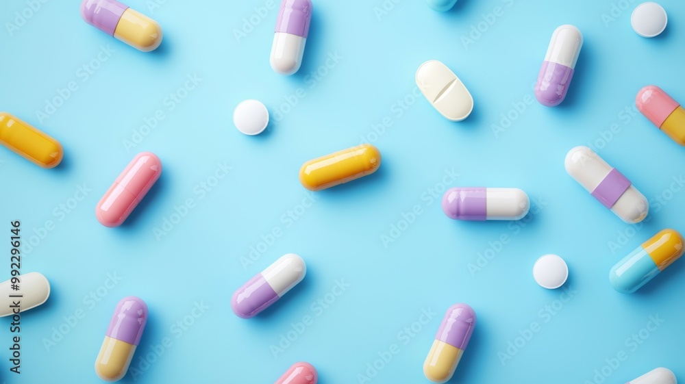 A colorful array of pills and tablets are scattered across a blue background A colorful array of pills and tablets are scattered across a blue background