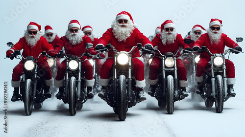 Biker Santas riding motorcycles together in the snow
