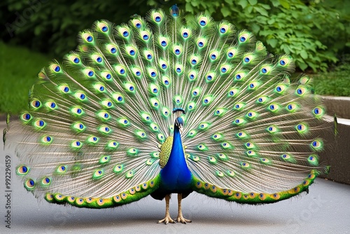 A peacock spreading its vibrant feathers, displaying the full array of colors in a magnificent fan-like display