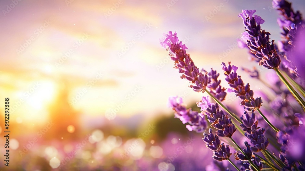 A field of purple lavender flowers with the sun setting in the background A field of purple lavender flowers with the sun setting in the background