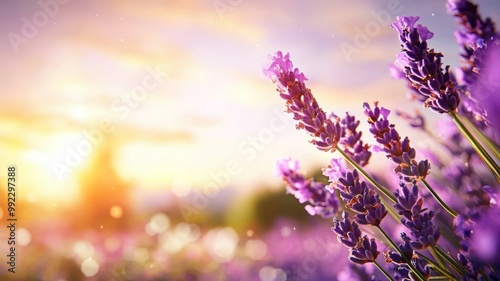 A field of purple lavender flowers with the sun setting in the background