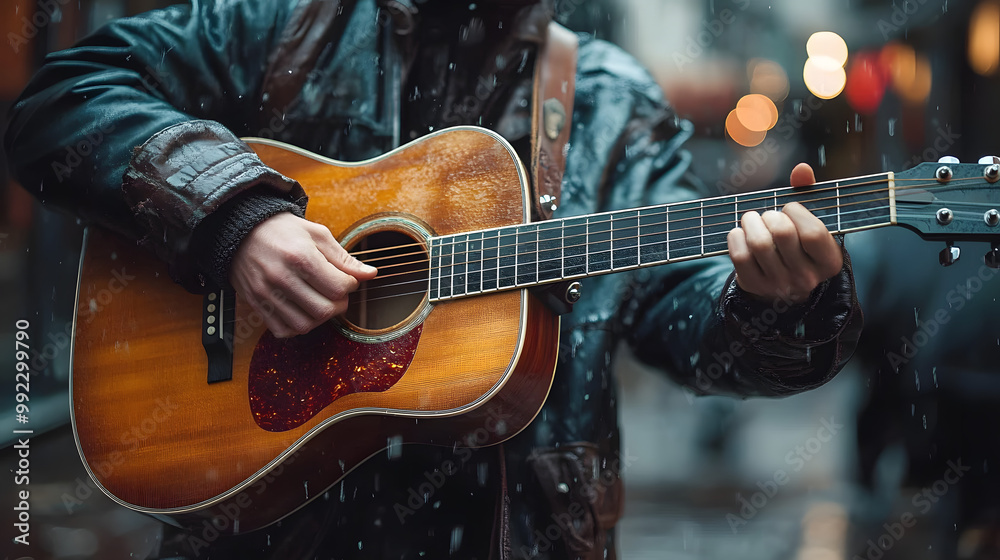Fototapeta premium Young Musician Practicing Acoustic Guitar in Retro Urban Studio | A Fusion of Art, Music, and Culture as He Masters Melody in a Vintage-Themed Practice Room