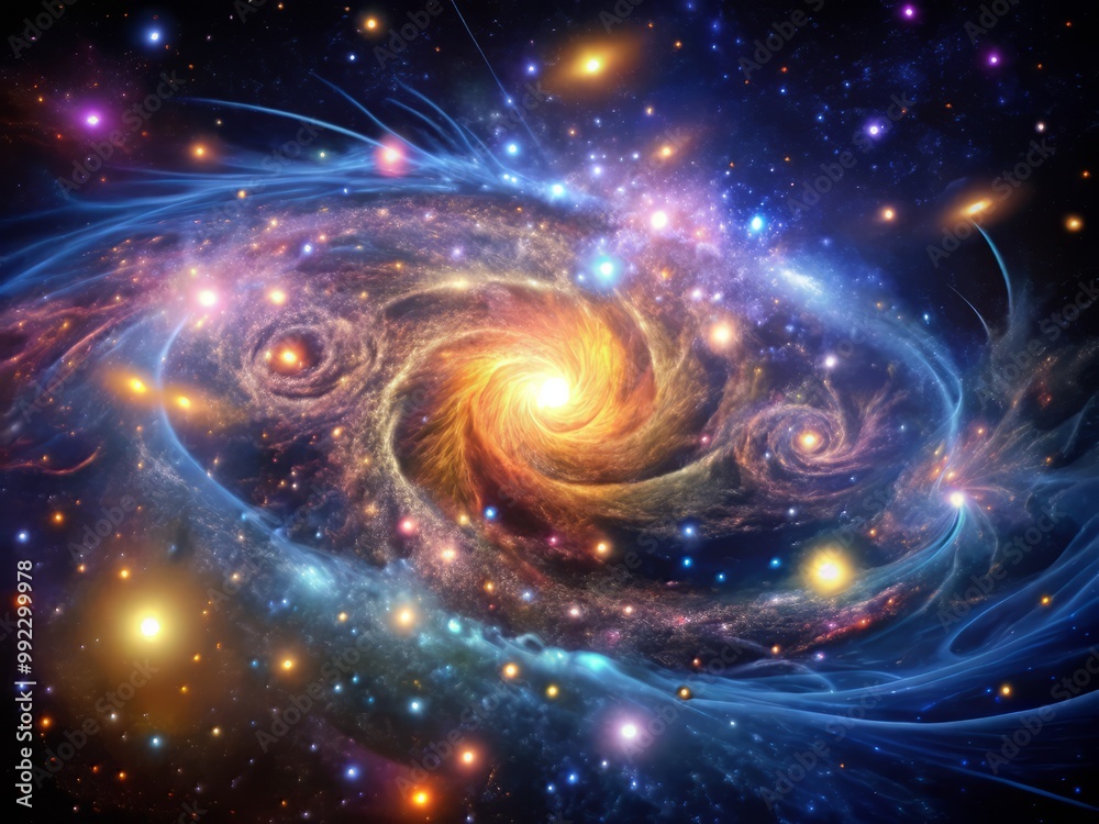 Fototapeta premium Glowing, iridescent tendrils of dark matter swirling around a vibrant, starry galaxy, with subtle, shimmering highlights.