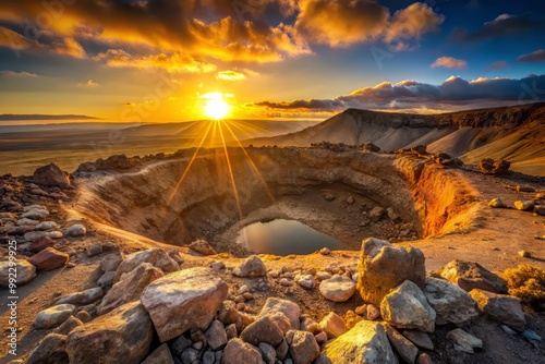 A stunning close-up of a crater's rim, with jagged rocks and boulders strewn about, illuminated by the warm golden light of sunset, emphasizing the sheer scale of the meteorite's impact. photo