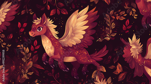 Maroon berry-colored seamless pattern with baby hippogriffs, cute mythic animal, enchanting design. Hippogriff. Illustration photo