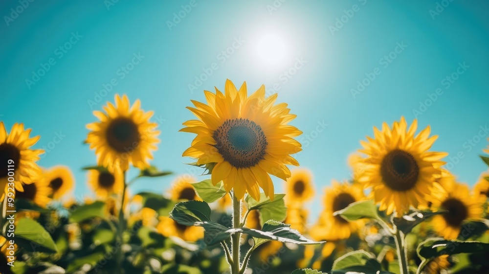 Obraz premium A vibrant field of sunflowers under a bright blue sky, with the flowers facing the sun and casting soft shadows.