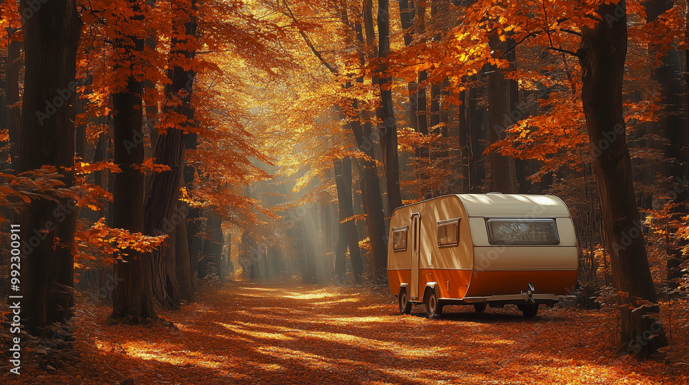 Caravan in Autumn Forest. A peaceful caravan parked in a sunlit autumn forest, surrounded by tall trees with vibrant fall leaves, creating a serene and cozy atmosphere. Caravan in Autumn Forest. A peaceful caravan parked in a sunlit autumn forest, surrounded by tall trees with vibrant fall leaves, creating a serene and cozy atmosphere.