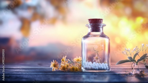 A small glass bottle with a cork stopper and a few flowers on a table