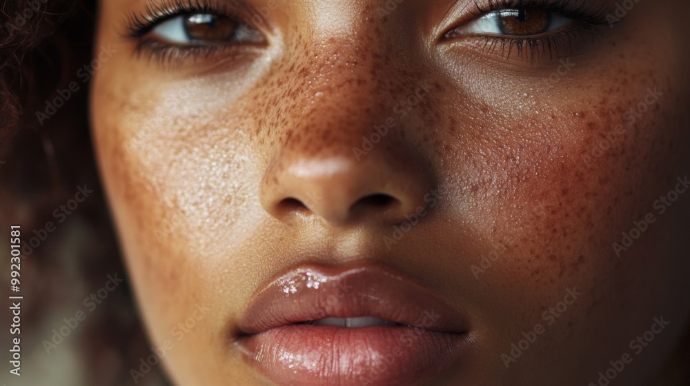 Fototapeta premium Close-up portrait of a woman's face with freckles and glossy lips