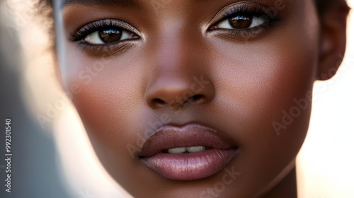 Close-up portrait of a woman with dark skin, brown eyes, and full lips