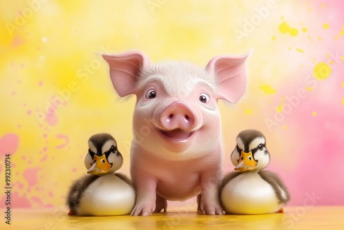 Wallpaper Mural A happy little piglet and two ducklings with wide, sparkling eyes, standing together against a background of yellow and pink watercolor splashes Torontodigital.ca